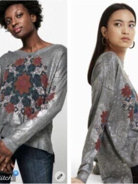 Desigual Karina Pullover Sweater Grey Floral Mandala Size Medium